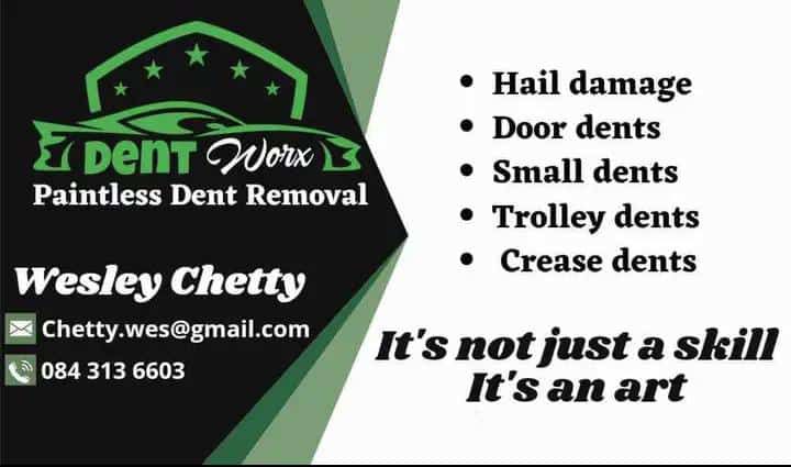 Dentworx PDR business card - Hail damage, Door dents, Small dents, Trolley dents, Crease dents